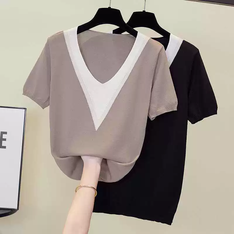 Summer knitted sweater, T-shirt, V-neckline, plus size, with short sleeve