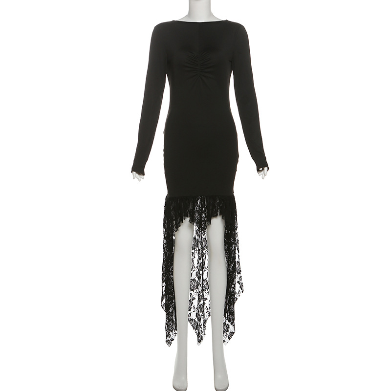 Winter Women Clothing Trendy Long Sleeve Irregular Asymmetric Lace Stitching Sexy Backless