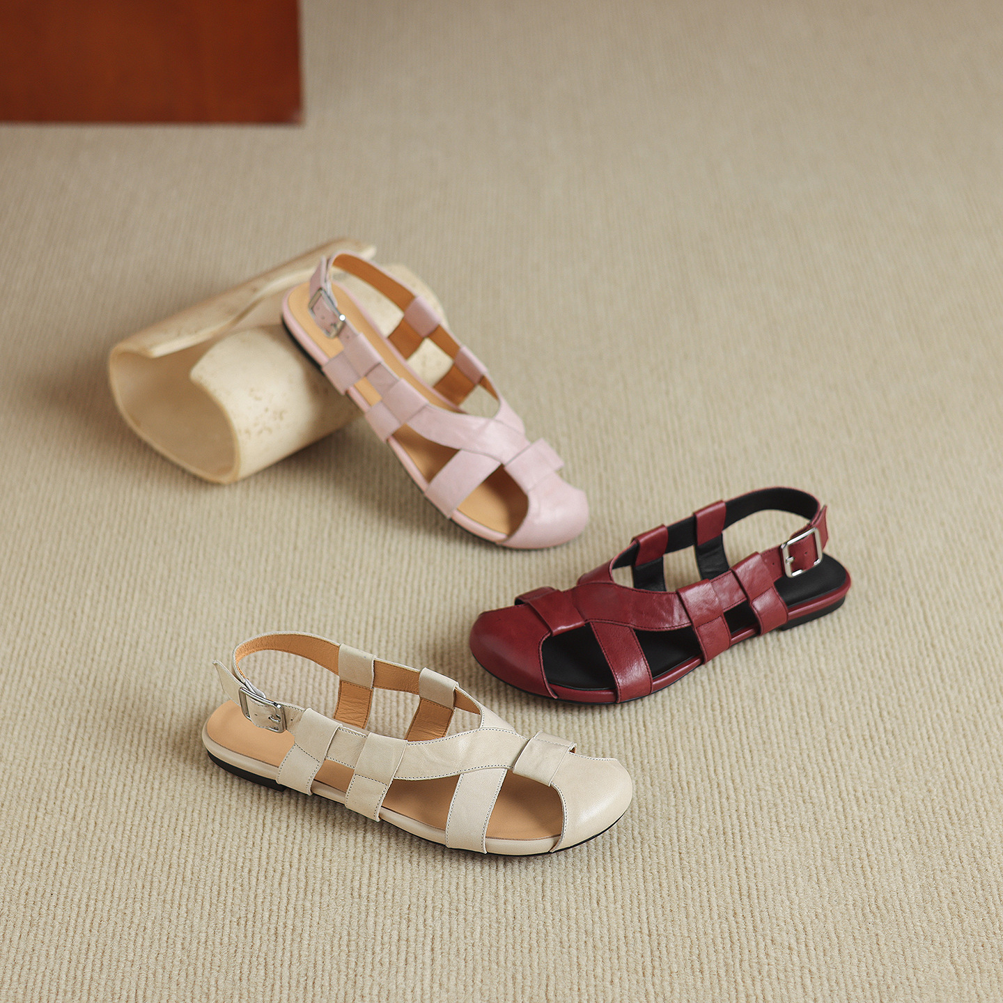 Sandal nữ bệt bọc mũi da bò đan vintage phong cách La Mã — Gạch đỏ chi tiết 20