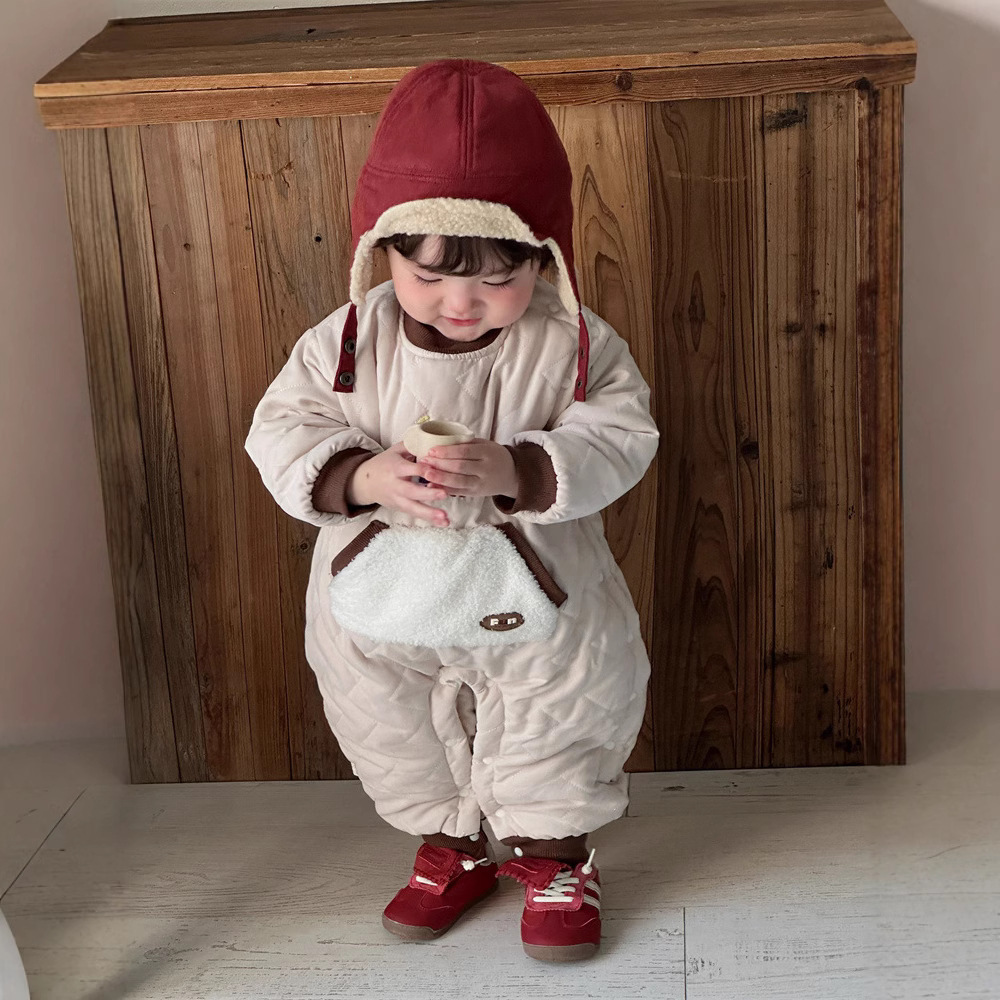 Ropa coreana para niños, ropa de invierno, mamelones gruesos y cálidos, dibujos animados, cachorros lindos con la cabeza inclinada, una pieza
