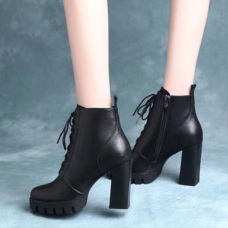 Brand Special Offer: Women's Genuine Leather Martin Boots, 2026 Fall/Winter New Model, Thick-Soled, Waterproof, Lace-Up, Pointed Toe, Chunky High Heel Ankle Boots Brand Special Offer: Women's Genuine Leather Martin Boots, 2026 Fall/Winter New Model, Thick-Soled, Waterproof, Lace-Up, Pointed Toe, Chunky High Heel Ankle Boots