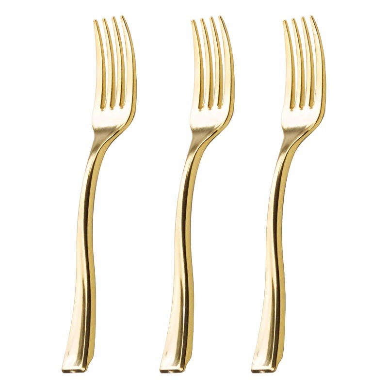 Disposable Fork gold imitation metal pudding spoon dessert spoon mini fork fruit small fork plastic plating 24