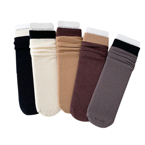 Women's Autumn/Winter Color Block Cashmere Mid-Calf Solid Color Vertical Striped Brown Korean Style Bumpy Long Stockings Factory Wholesale