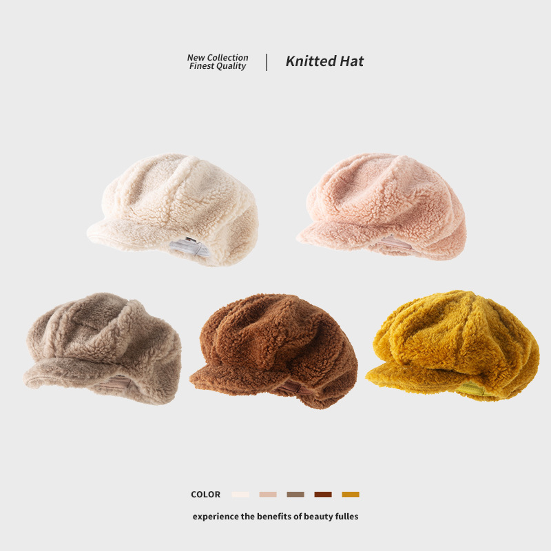 Lamb Wool Beret Women Autumn Winter Warm Octagonal Fashion Hat_voghion.com