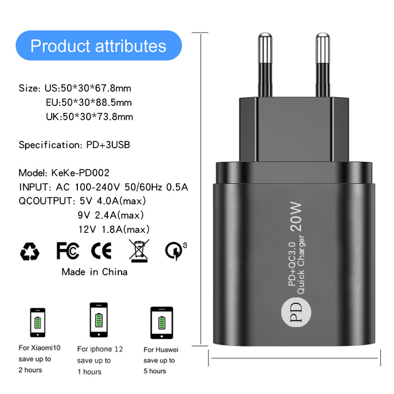 Nuevo cargador de teléfono móvil PD12W 5V2. 4A cabeza de carga tipo-c PD cabeza de carga adaptador estándar británico europeo y americano