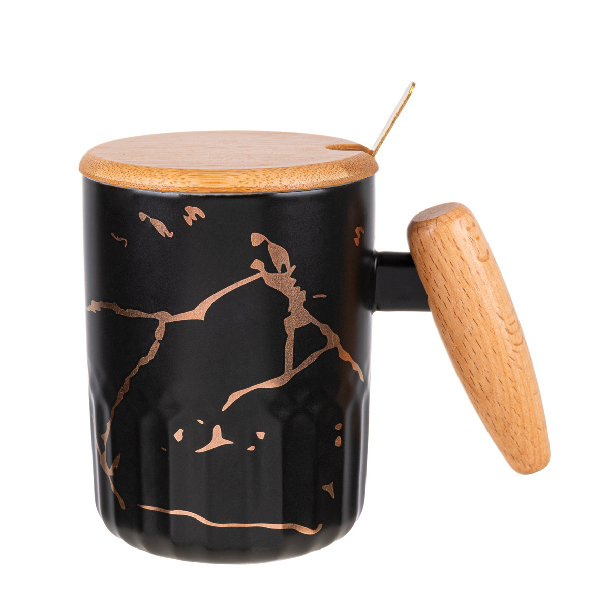 Mango de madera Taza de cerámica creativa simple taza de café de gran capacidad taza de agua de oficina con tapa cuchara regalo de DIY