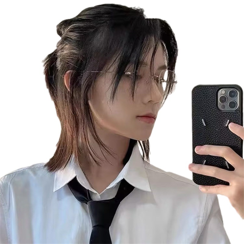 Salmonete cabeza peluca hombres y mujeres pelo corto recto Guerrero japonés guapo cola de lobo simulación pelo completo cabeza cubierta de entrega de una pieza