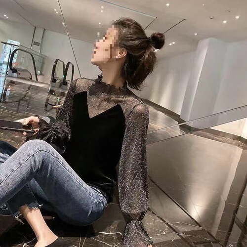 Semi-high-neck lace base shirt for women in spring and autumn new style mesh Western-style all-matching inner lace blouse winter