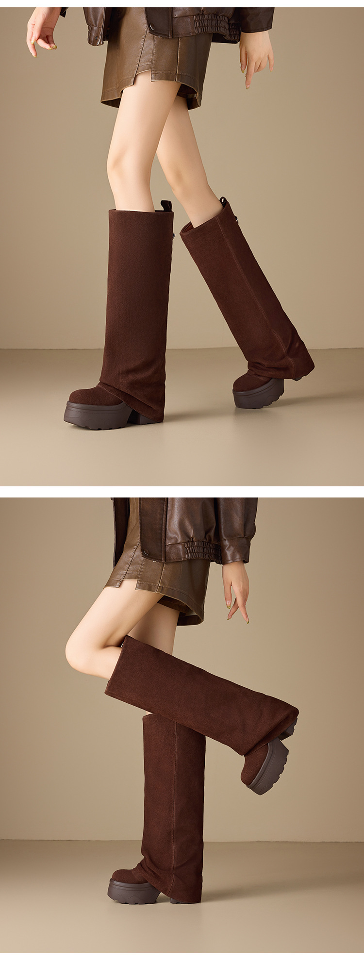 Boot nữ cổ cao ôm bắp chân đế dày gót 12 cm, kiểu hiệp sĩ, hai mặc mùa thu đông — nhung nâu chi tiết 7