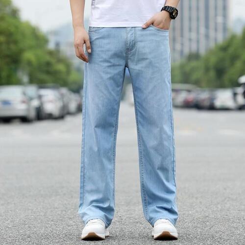 Spring and summer loose large straight leg jeans men's plus fat and extra large size wide-leg pants mid-youth light blue wide-leg jeans