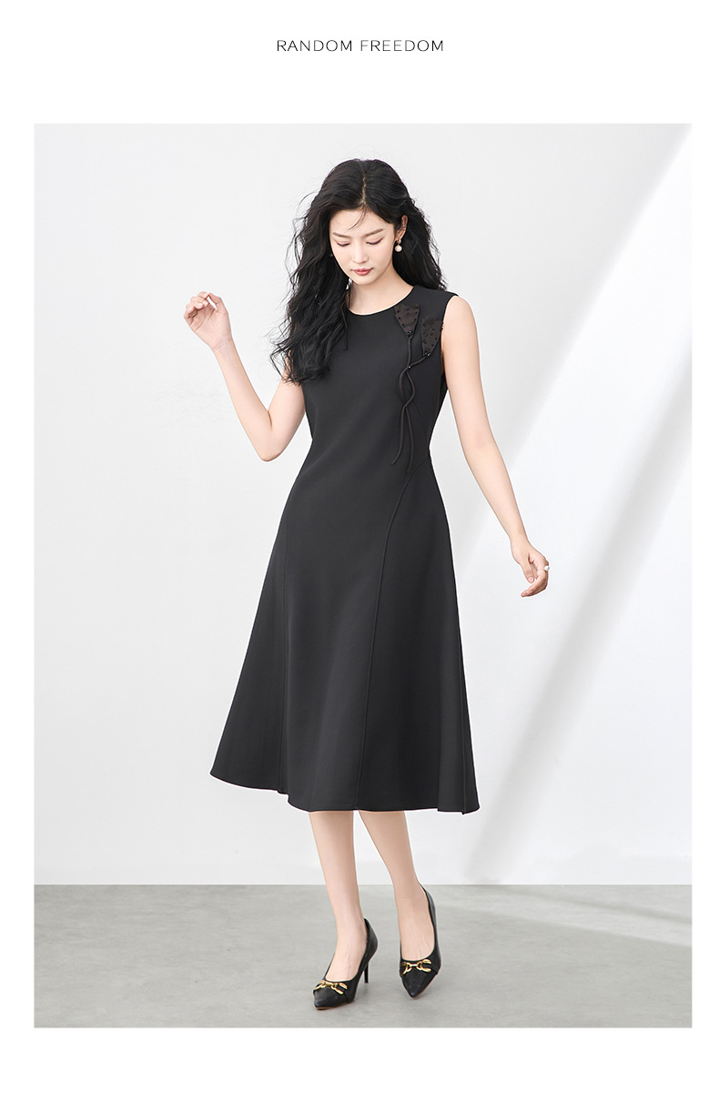 Váy vest không tay chiết eo hoa đính cườm nổi 3D phong cách trưởng thành nhẹ nhàng — Màu đen chi tiết 10