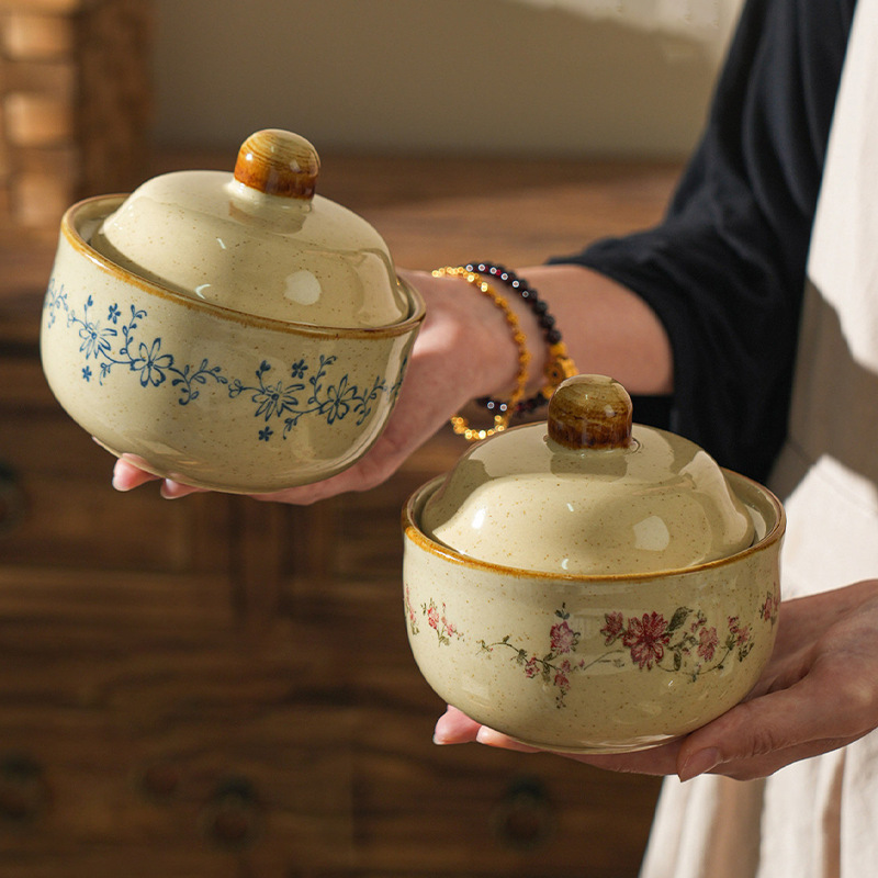 Japanese-Style Underglaze Ceramic Stew Pot with Lid for One-Person Use, Suitable for Steaming Eggs, Home Use, Water-Sealed Stew Pot, Bird's Nest Stew, Soup Pot