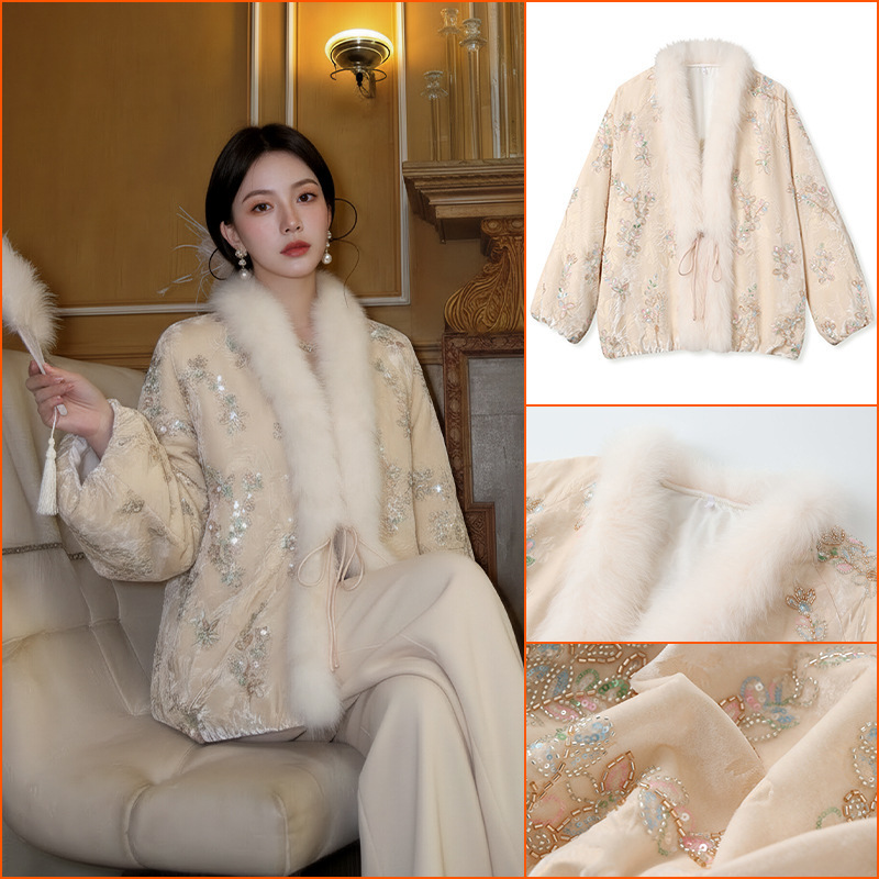 Winter High-End Heavy Embroidery White Duck down Jacket with Chinese Style Fox Fur Collar down Coat Nx034