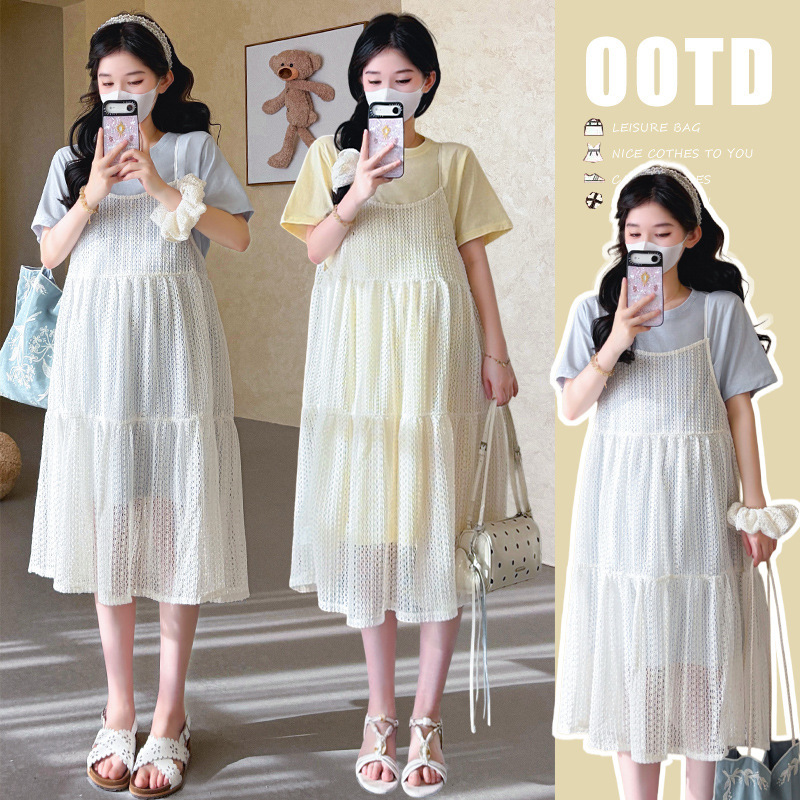 Summer New Korean Style Sweet and Fresh Loose T-Shirt Dress Two-Piece Set Age-Reducing Maternity Dress