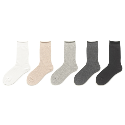 Edge-turning patterned vertical stacker socks for girls, mid-calf, trendy cotton, autumn/winter, Japanese style, basic solid color socks.