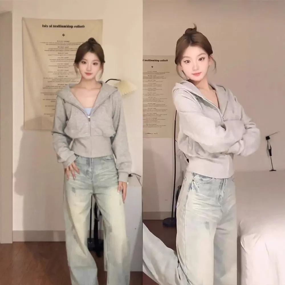灰色卫衣外套女2025秋季新款修身短款早秋穿搭连帽上衣收腰开衫