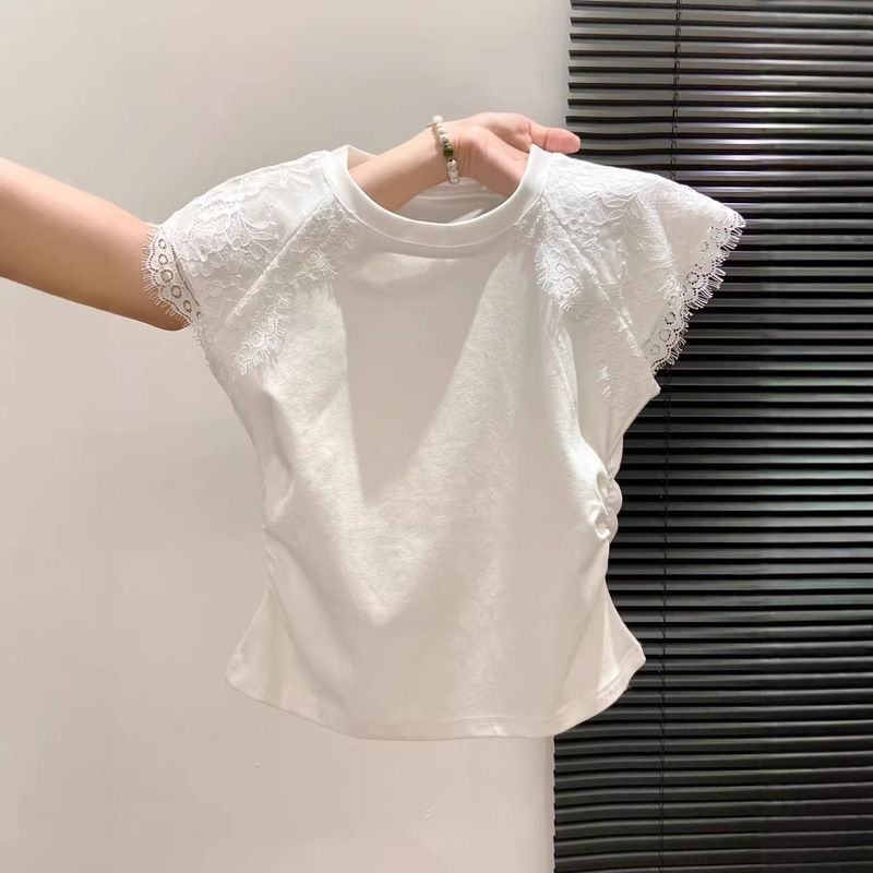 French-Style Sweet and Spicy Girl's Ruched Waist-Cinching Flutter Sleeve T-Shirt for Women, Pure Desire Lace Patchwork Petite Top, Trendy on Instagram
