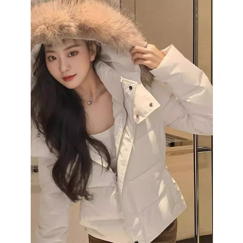 2025 New Winter Waist-Cinching down Jacket for Women Winter Short White Slim Raccoon Fur Collar Thickeneded Jacket