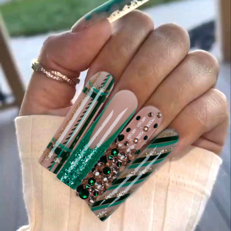 Super Flash Wear Nail Peacock Green Sequins French Nail Art Ins Style Long Square Fake Nail Nail Patch Nails