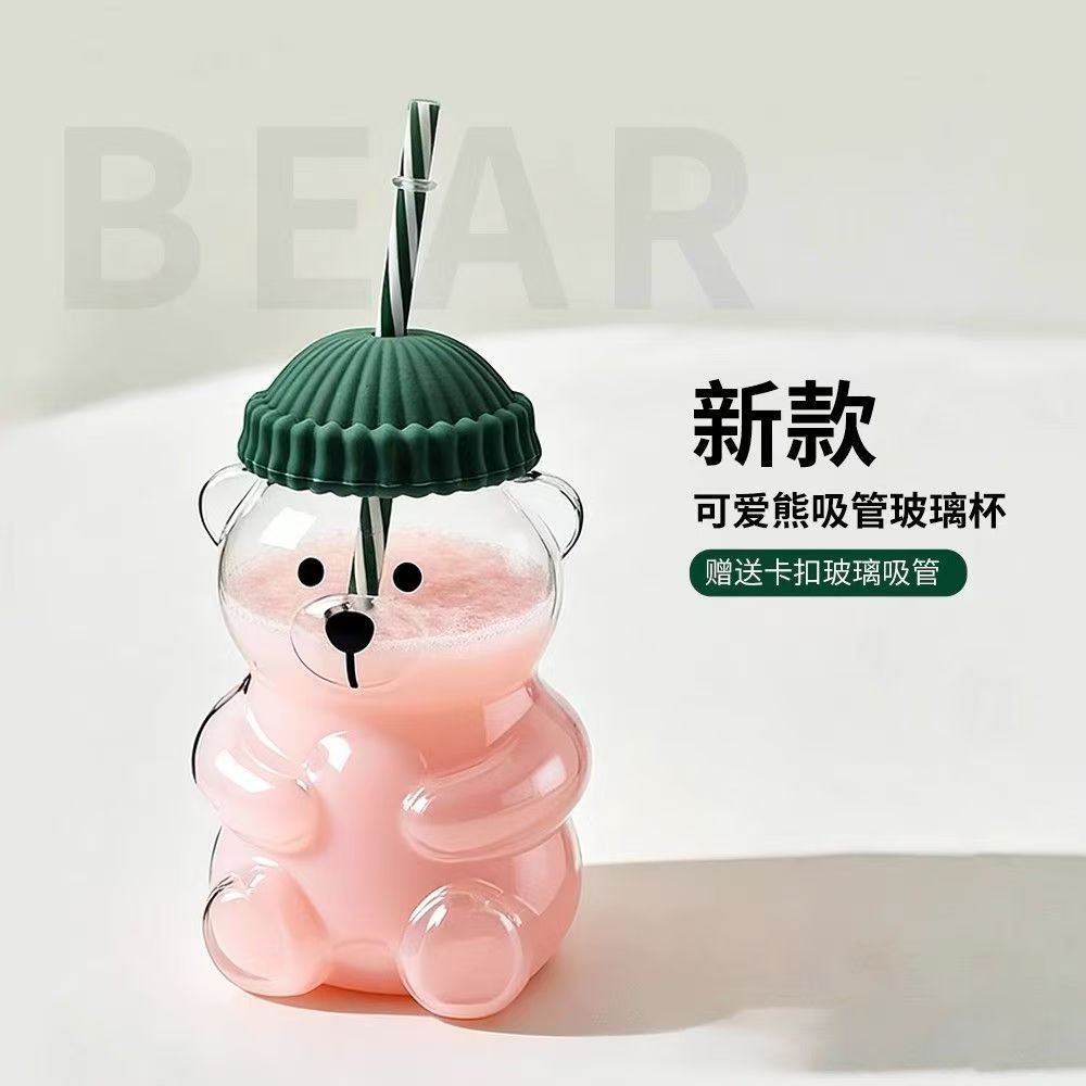 Cute Bear Shaped Glass Water Cup, Creative Cartoon Straw Cup, Cold Drink Cup, Glass Coffee Cup, Juice Drink Cup