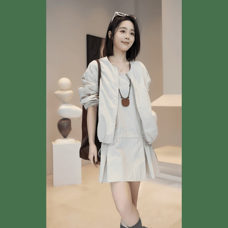 设计感穿搭一整套2025春季新款复古气质圆领拉链短外套吊带裙女装|undefined