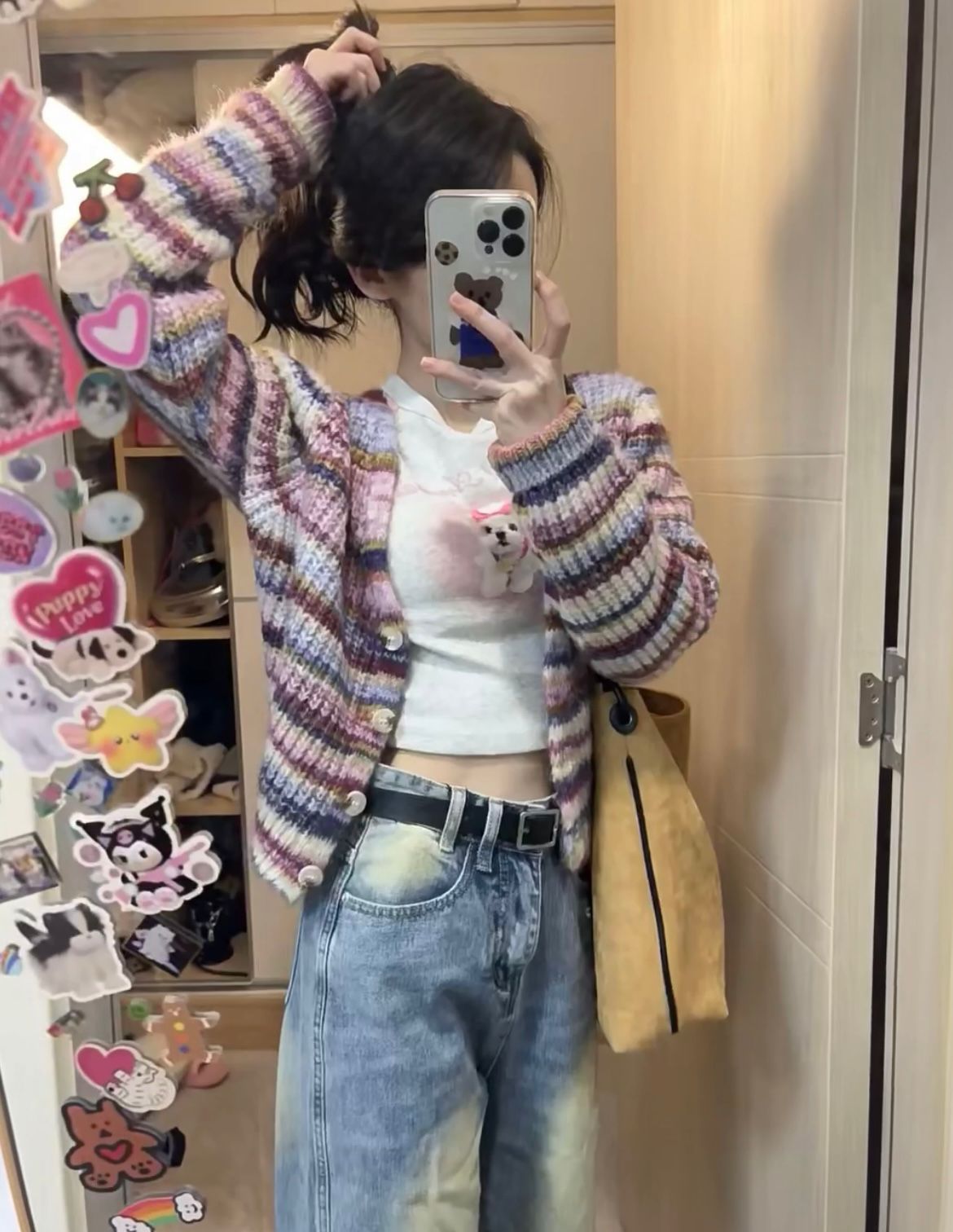 彩色条纹毛衣开衫女外搭春装韩版短款修身长袖学生款针织衫上衣