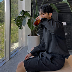 Asmu韓国版シンプルレトロワイド版綿麻シャツ黒の大気百合春夏新作ファッション上着男