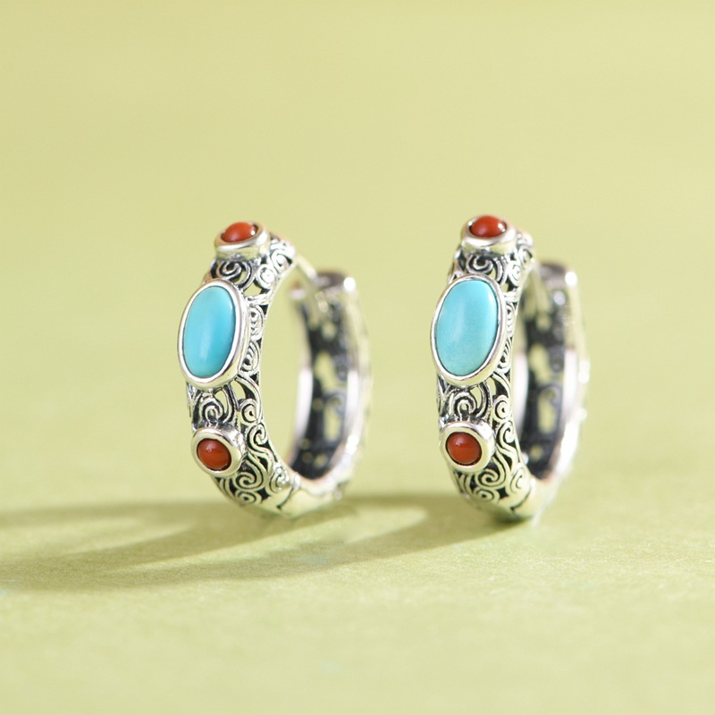 Golden Deer King S925 Silver Inlaid Optimized Turquoise Southern Red Hollow Tang Grass New Chinese Style Antique Earrings for Women