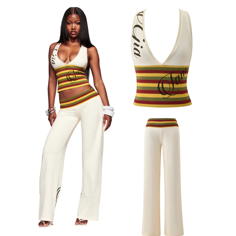 I.Am.Gia Hot Girl Outfit American Retro Striped Halter Top and Low-Waist Casual Pants Two-Piece Set I.Am.Gia Hot Girl Outfit American Retro Striped Halter Top and Low-Waist Casual Pants Two-Piece Set