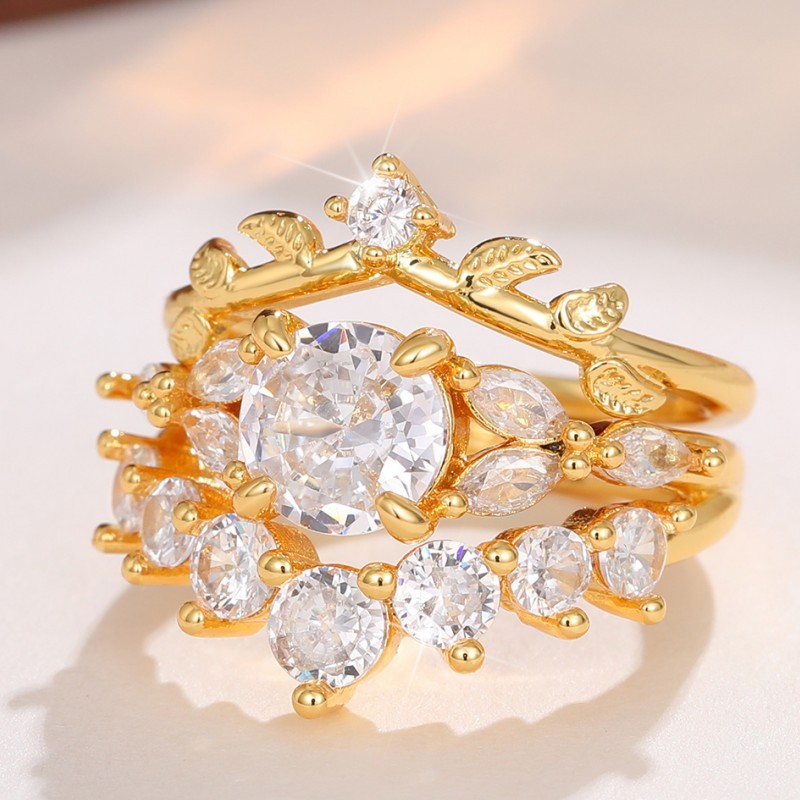 Round, Leaves Pattern Ig Style Shiny Round Leaves Copper Inlay Zircon Rings