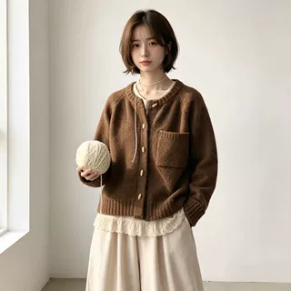 日系文艺复古风针织开衫新款纯色牛角扣慵懒风毛衣女外套软糯清新