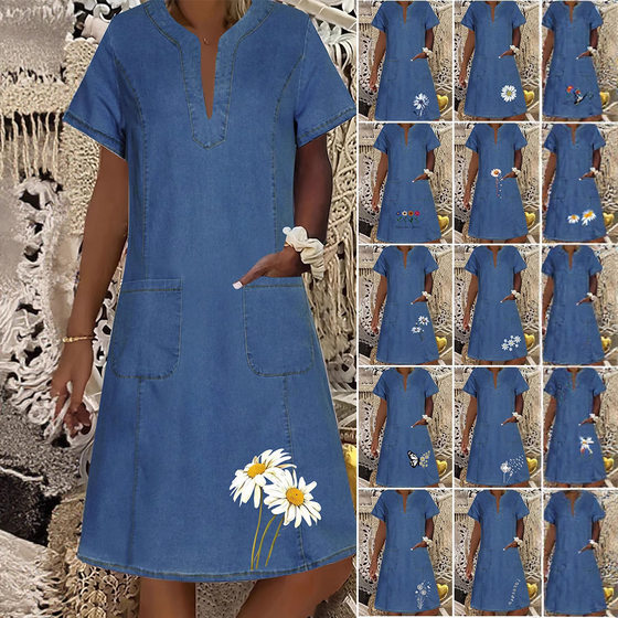 AliExpress Women's Denim dress Amazon Cross-border dark blue Pocket Thin Medium Long V-neck dress