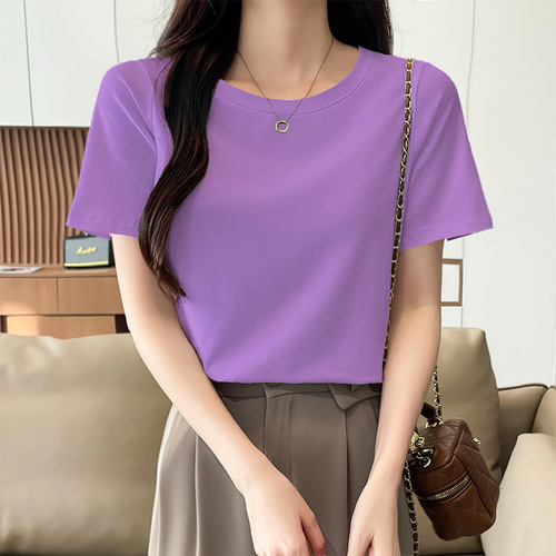 Women's Summer Loose Round Neck Short Sleeve T-Shirt with Smoky Gray Color, 2025 New Korean Style, Advanced Feel, Slimming Half-Sleeve Top