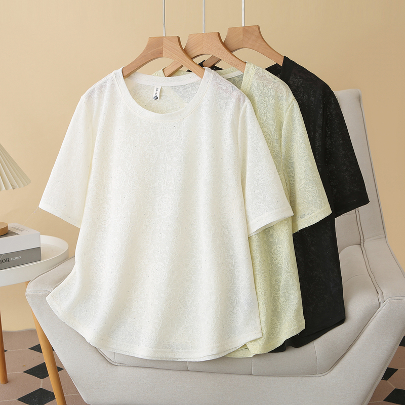 Plus-Size Women's Sheer T-Shirt with a Feminine Touch, Short-Sleeve, New Fashion for Summer 2026, Featuring Rhinestone Jacquard Design Plus-Size Women's Sheer T-Shirt with a Feminine Touch, Short-Sleeve, New Fashion for Summer 2026, Featuring Rhinestone Jacquard Design