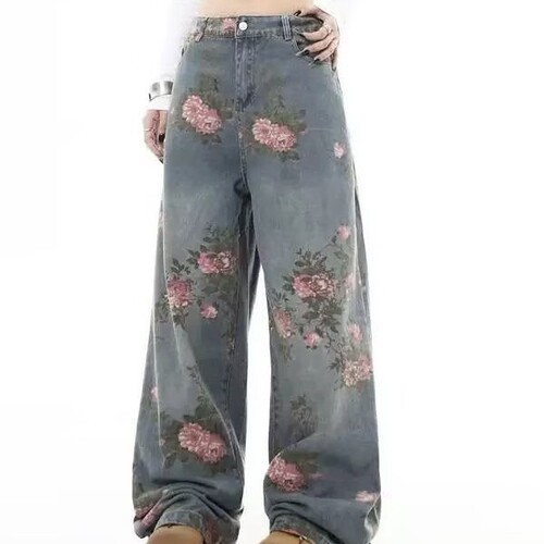 American street style washed vintage distressed ripped jeans men's spring/autumn loose straight-leg long pants European and American high street vibe