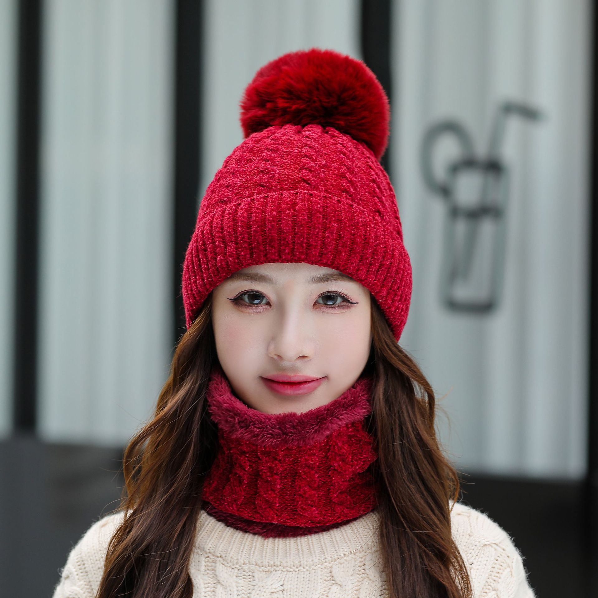 Sombrero bufanda mujer invierno versátil forro polar sombrero de punto bufanda conjunto de dos piezas Otoño e Invierno color sólido sombrero de lana image 5