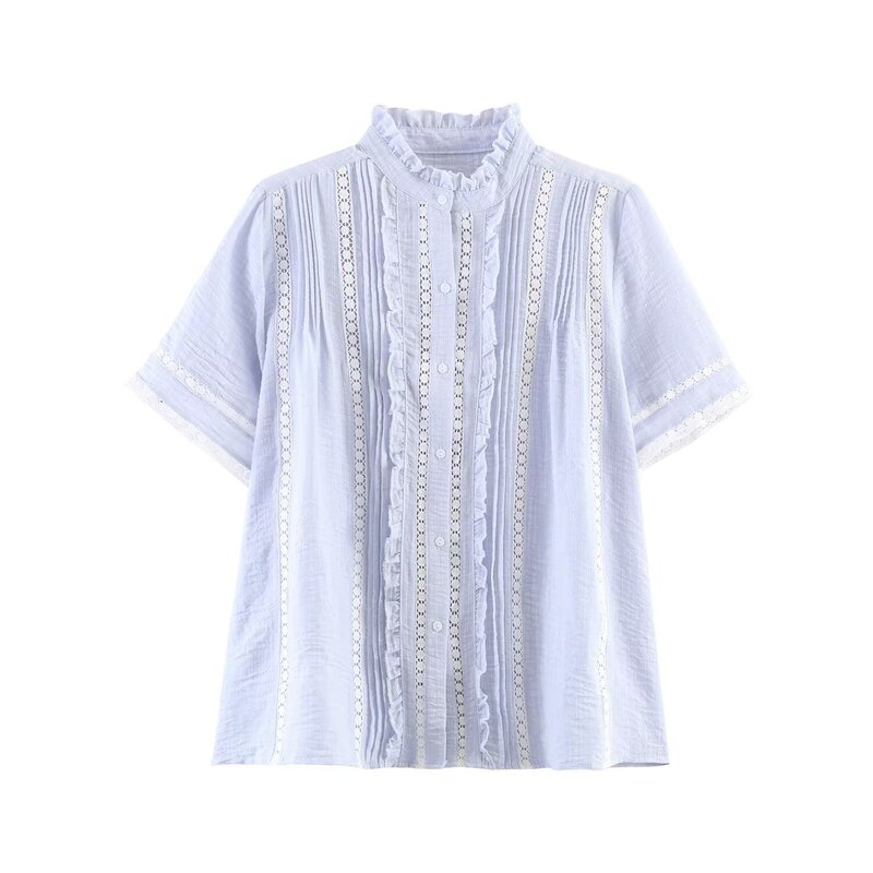 PB&ZA Women's Clothing 2026 Summer New Collection Fresh and Sweet Style Short Sleeve Shirt with Lace Trim and Ruffle Decoration PB&ZA Women's Clothing 2026 Summer New Collection Fresh and Sweet Style Short Sleeve Shirt with Lace Trim and Ruffle Decoration