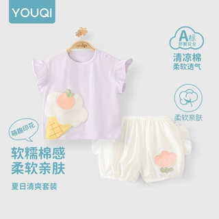 优奇女宝宝短袖套装夏季薄款一岁女童T恤短裤洋气时髦分体两件套