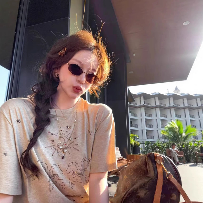 New Rl Ralph Angel Horse Print Short Sleeve T-Shirt with Fashionable Design, Casual Loose Fit, Versatile Round Neck Top