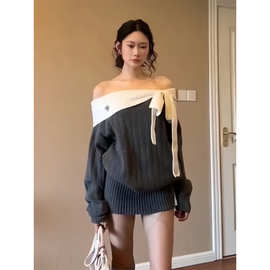 纯欲辣妹蝴蝶结一字肩针织连衣裙女秋冬气质收腰显瘦性感包臀短裙