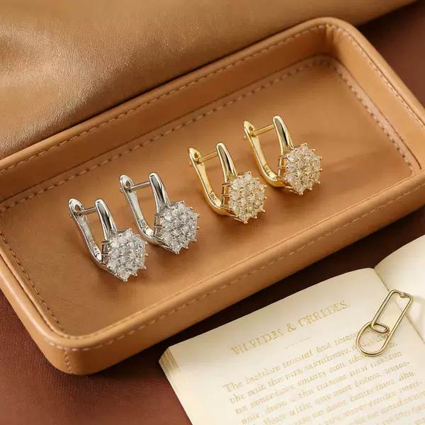 Cross-Border Hot-Selling Fashion Copper Zircon Earrings, French-Style Exquisite Flower Earrings for Women, Personalized Geometric Simple Earrings