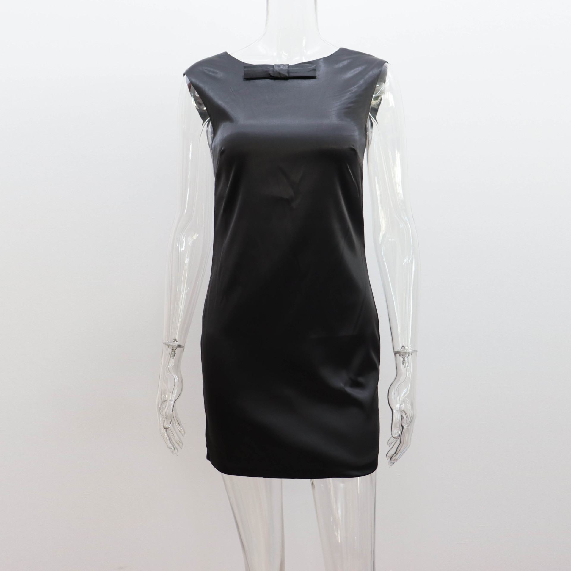 Slim Fit Type Wholesale Women's Streetwear Satin Solid Color Holiday Banquet Date Round Neck Sleeveless Sheath Dress