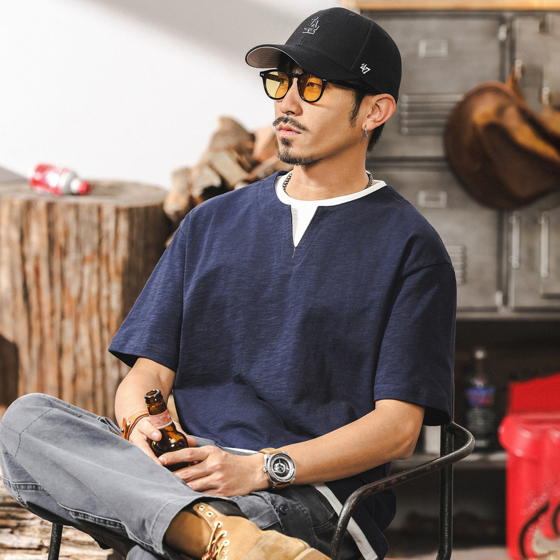 Slub cotton fake two short-sleeved men's T-shirt summer tide brand 230g heavy American retro Henry shirt men