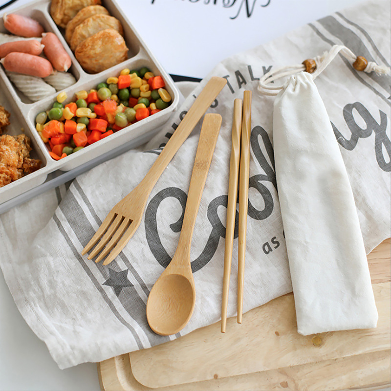 Bamboo Knife, Fork, and Spoon Set, Bamboo Chopsticks, Portable Cutlery, Spoon, Japanese Style, for Students, Work, Travel, Canvas Bag, Drawstring Bag