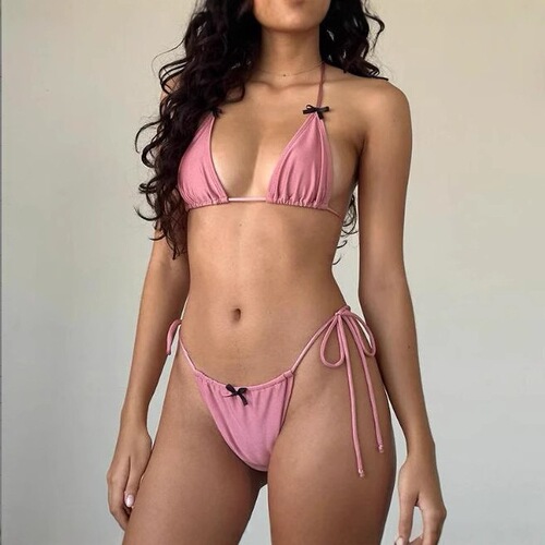 American Retro Hot Babe Contrast Color Two-Piece Vacation Beach Strappy Bikini Set