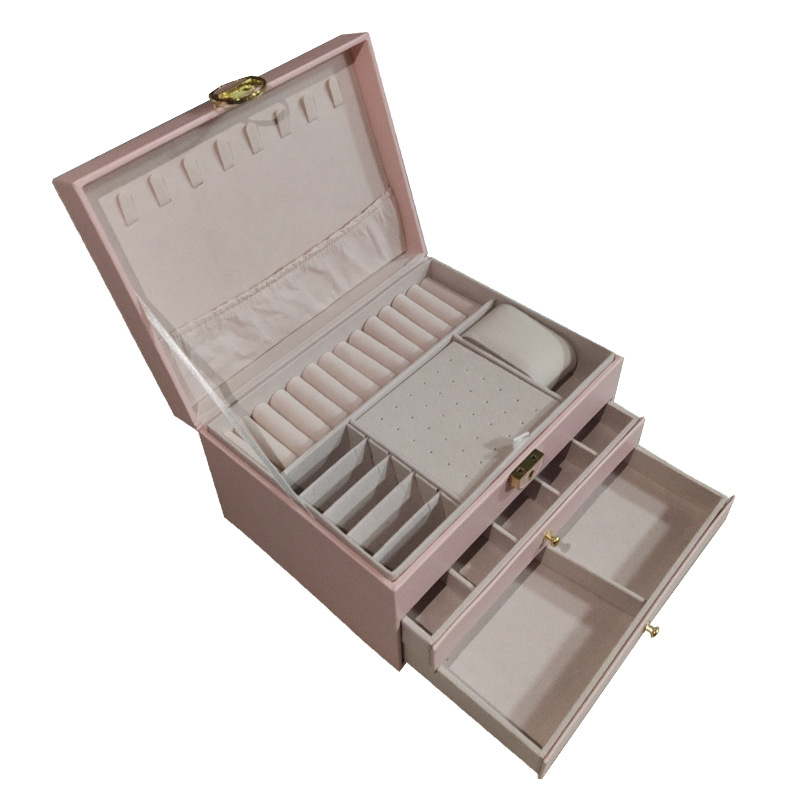Nueva caja de joyería de doble capa hogar simple caja de almacenamiento de joyería con cerradura portátil de gran capacidad caja de embalaje de joyería al por mayor