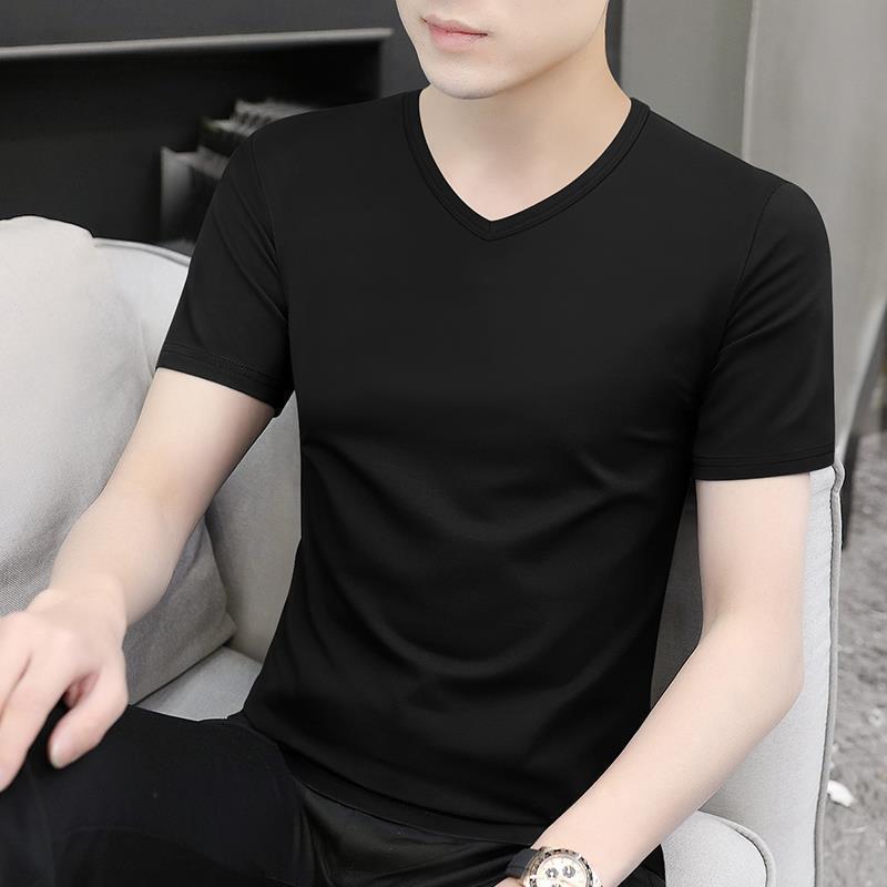 Short-sleeved T-shirt Men's V-neck Solid Color All Black Summer Trendy Men's Ice-feeling Slim-fit Trendy Slim-fit Half-sleeve Base Shirt