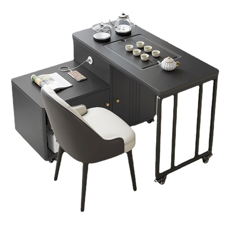 Mesa de té móvil mesa de té de doble propósito oficina multifuncional coche de té doméstico con ruedas mesa de oficina de piedra negra simple