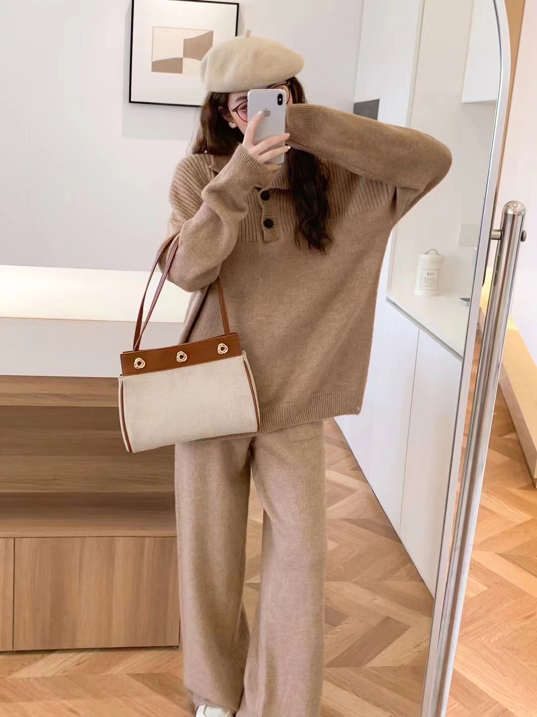 Herbst und Winter neuer Anzug lässiger Pullover Polokragen Strickpullover weite Beinhose zweiteiliges Set für Damen_voghion.com