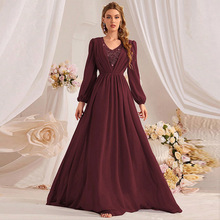 KY1009-3欧美跨境珍珠雪纺连衣裙时尚优雅钉珠长袖伴娘团晚礼服